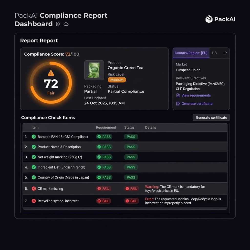 PackCheck sample compliance report showing score, check items, and recommendations